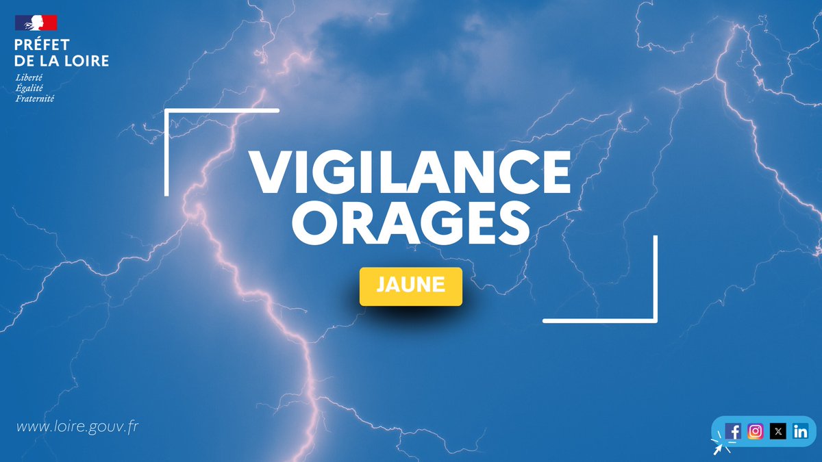 Image de Préfet de la Loire - ⚠️ Le département de la Loire sera en vigilance jaune orages mardi 19 août 2025 à partir de 13h.

Un