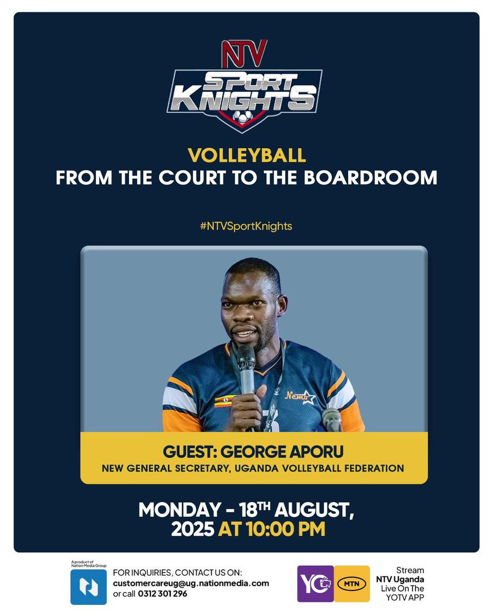 Ndyamuhaki J. Emanzi (@emanzi20) on Twitter photo Newly elected <a href="/Ugvolley/">Volleyball Uganda</a> General Secretary George Aporu will be hosted on <a href="/sport_knights/">NTVSportKnights</a> tonight.
Do tune in at 10PM! Newly elected <a href="/Ugvolley/">Volleyball Uganda</a> General Secretary George Aporu will be hosted on <a href="/sport_knights/">NTVSportKnights</a> tonight.
Do tune in at 10PM!