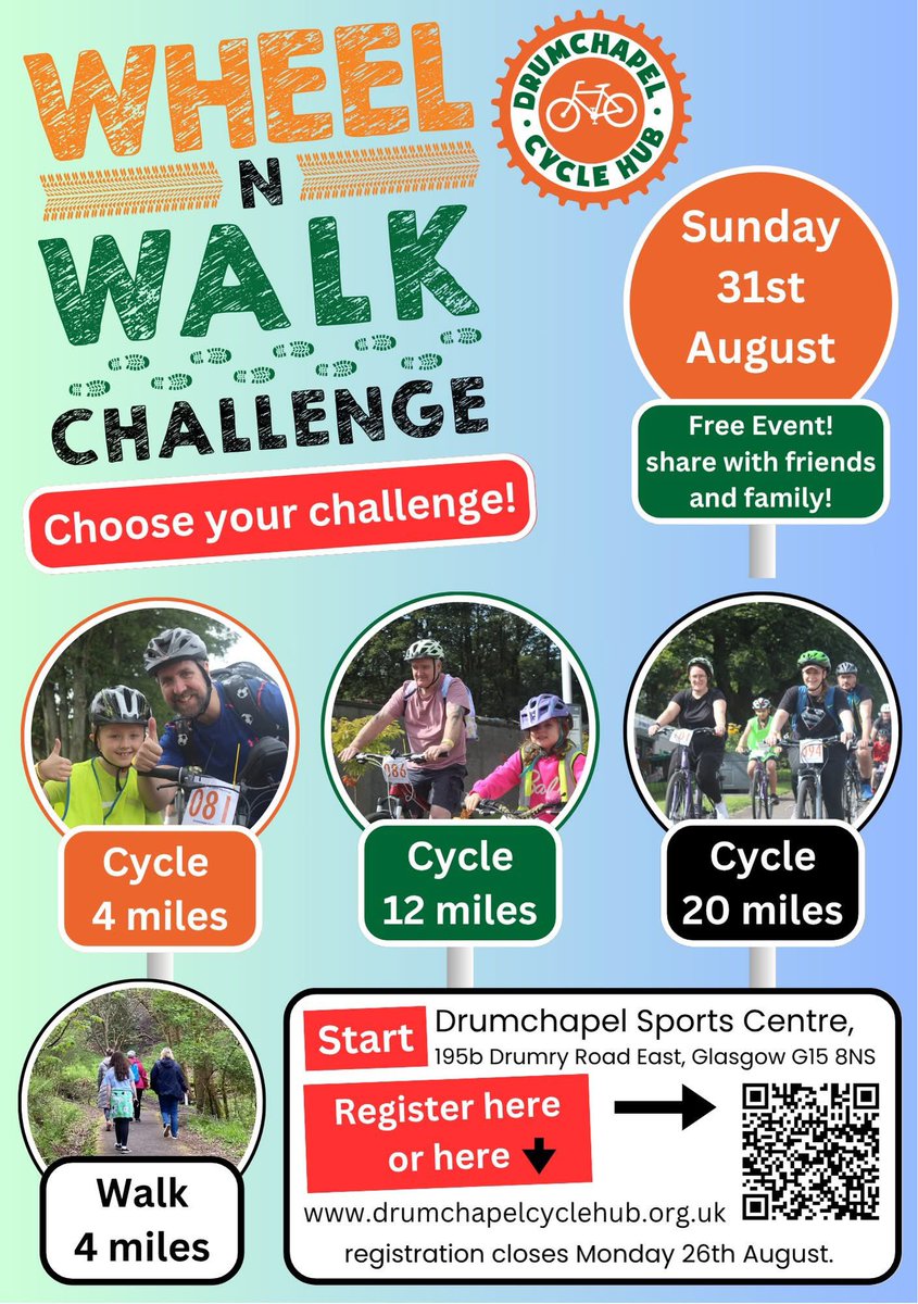 Last week to register for our FREE cycle challenge, suitable for families and individuals, bikes available to use, pit stops, mechanic support, medal and goodie bag! Please share! eventbrite.co.uk/e/wheel-n-walk…
