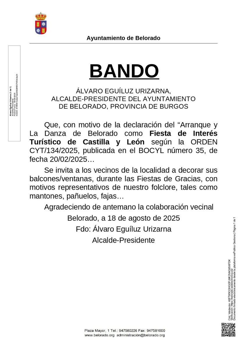 AytoBelorado's tweet photo. 🎉 ¡Orgullo beliforano!
El Arranque y la Danza ya es Fiesta de Interés Turístico de CyL.
👉 En las Fiestas de Gracias, decora tu balcón 🧣
#Belorado #FiestasDeGracias https://t.co/ZxSKsm43Ru