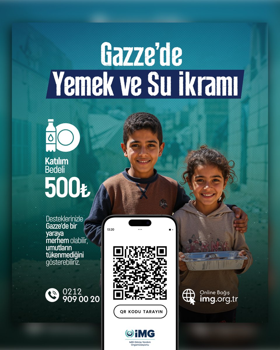 Desteklerinizle Gazze'de bir yaraya merhem olabilir, umutların tükenmediğini gösterebiliriz.

Gazze'ye şimdi siz de yemek ve su ikramında bulunabilirsiniz.

Katılım Bedeli: 500₺

Online Bağış: img.org.tr
📞 0212 909 00 20

#İMGTürkiye