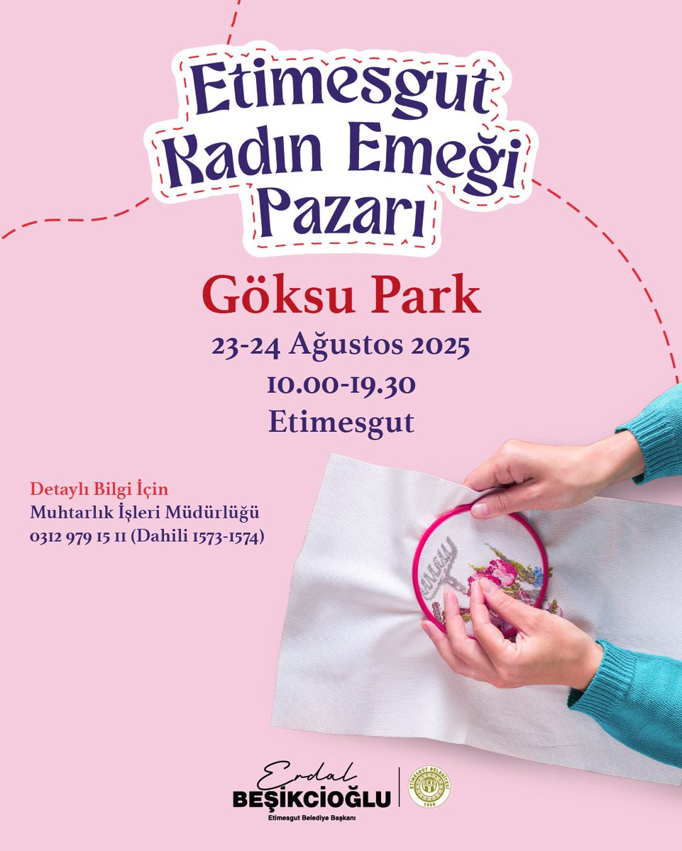 El emeği göz nuru ürünler, birbirinden özel tasarımlar ve sıcak bir buluşma sizleri bekliyor. 🌸
📍 Göksu Park
🗓 23-24 Ağustos 2025
⏰ 10.00 – 19.30

Kadınlarımızın üretkenliğini destekleyelim, alışverişlerimizle dayanışmayı büyütelim! 💛

📞 Detaylı bilgi için: Muhtarlık İşleri