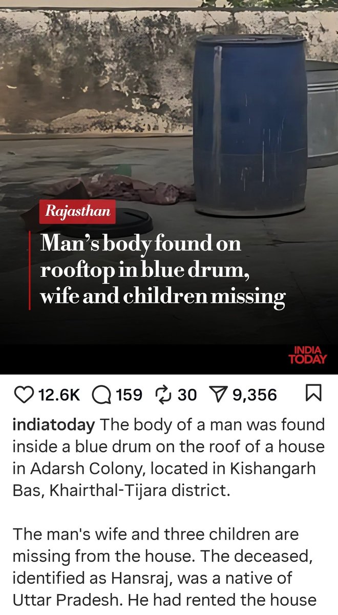 Krishan Kapoor (@krishkapoor) on Twitter photo Another man murdered and dumped in blue drum, in Rajasthan, wife & children missing, India Today report.
<a href="/realsiff/">SIFF - Save Indian Family Foundation</a>
#Scrap125crpc
#falsecaseday
#498A
#DomesticVoilence
#NoAlimony
#Maintenance
#parentalAlienation Another man murdered and dumped in blue drum, in Rajasthan, wife & children missing, India Today report.
<a href="/realsiff/">SIFF - Save Indian Family Foundation</a>
#Scrap125crpc
#falsecaseday
#498A
#DomesticVoilence
#NoAlimony
#Maintenance
#parentalAlienation