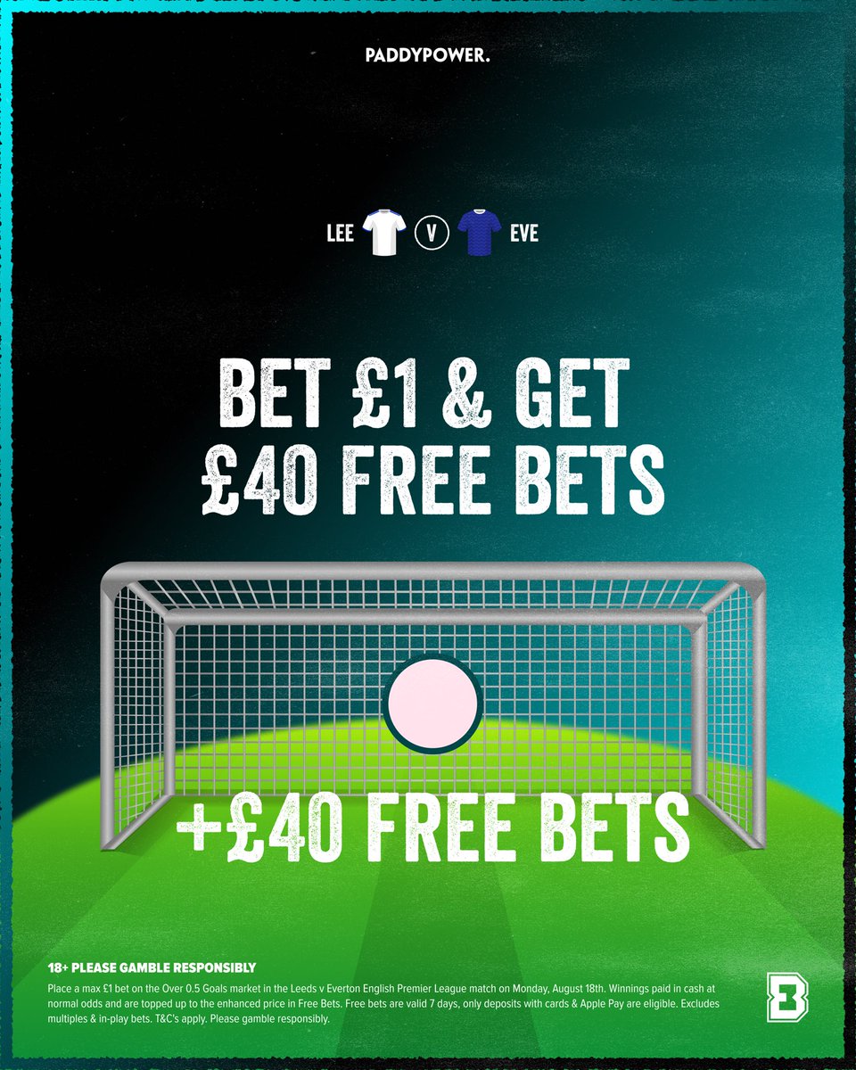BadManBetting's tweet photo. This is the best offer for Leeds vs Everton tonight.

Existing Paddy Power customers would get £1.05 returns, new customers get £40 Free Bets.

🎁 Claim here: https://t.co/pg4O5sbp5b

Stake £1 on Over 0.5 Goals, get paid out at 40/1 in Free Bets.

18+, T&amp;Cs Apply. Ad. https://t.co/TkJRGJOdlq