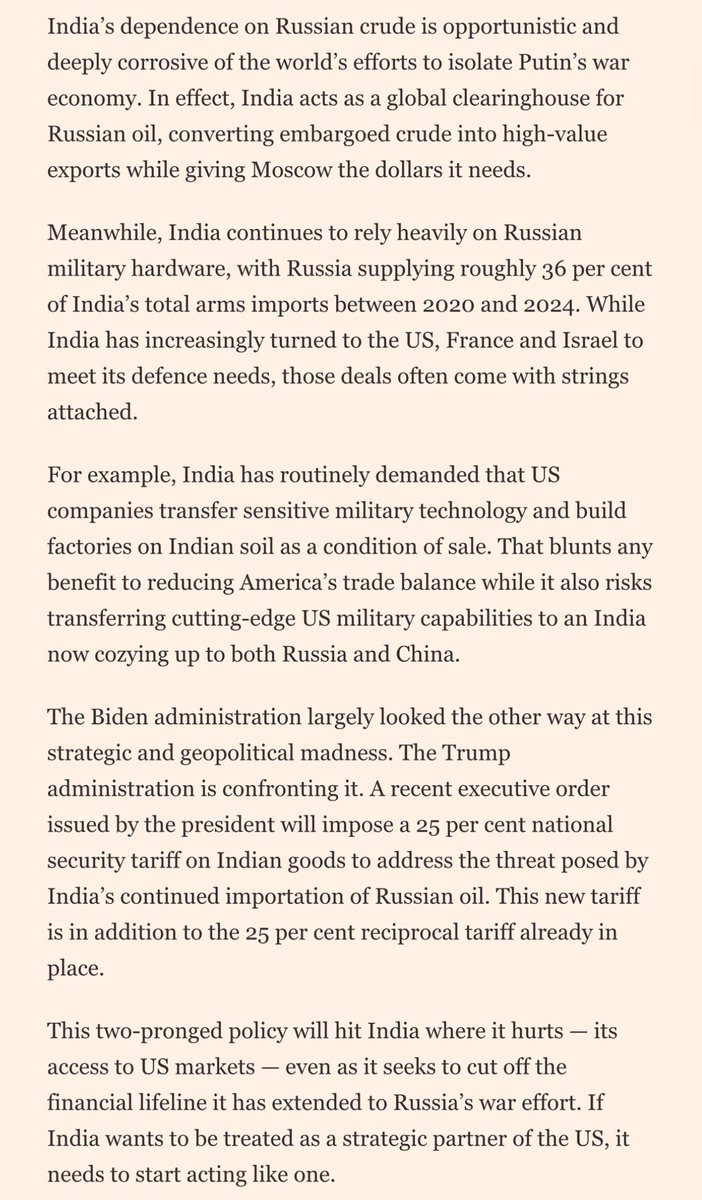 Rohit Sharma 🇺🇸🇮🇳 (@dcwaladesi) on Twitter photo .<a href="/RealPNavarro/">Peter Navarro</a> drops a bombshell in <a href="/FT/">Financial Times</a> — blasting India for its “pretense of neutrality”, “cozying up to Russia & China”, lacking trust on tech transfer, and “funding Russia’s war against Ukraine.” Navarro says that’s why Trump has singled out India’s Russian oil buys. Wow.👀 .<a href="/RealPNavarro/">Peter Navarro</a> drops a bombshell in <a href="/FT/">Financial Times</a> — blasting India for its “pretense of neutrality”, “cozying up to Russia & China”, lacking trust on tech transfer, and “funding Russia’s war against Ukraine.” Navarro says that’s why Trump has singled out India’s Russian oil buys. Wow.👀