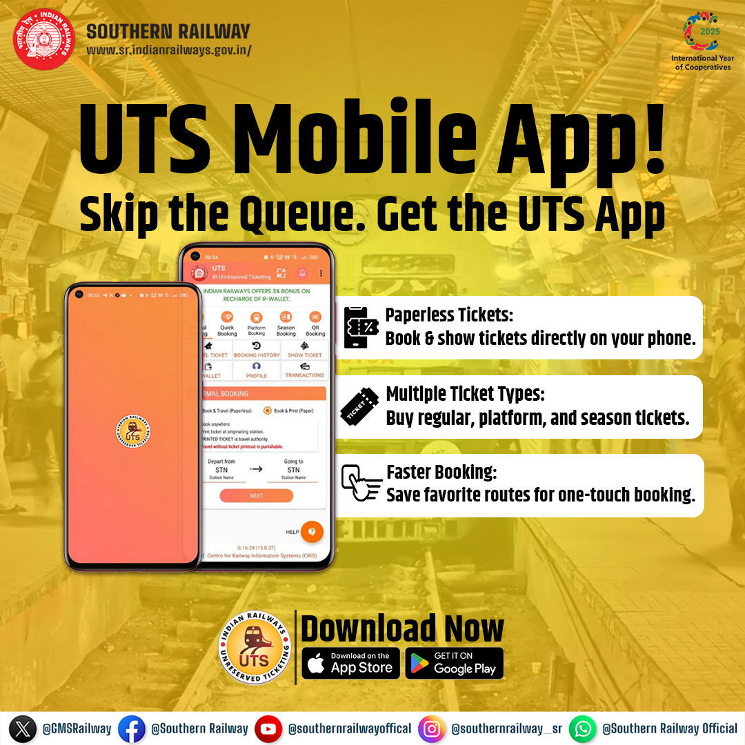GMSRailway's tweet photo. No more waiting in long queues! ๐๐ฒ
Book your train tickets anytime, anywhere with the UTS Mobile App.
Fast, easy, and paperless travel at your fingertips! ๐
#SouthernRailway #UTSAppย #SmartTravel #DigitalDayTuesday https://t.co/Nn1Tdc54O6