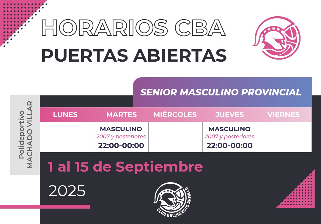 El Senior Masculino Provincial entra en acción 🔥🏀

💥 ¡Ven a las Puertas Abiertas del CBA y forma parte del equipo Senior Masculino Provincial!

📲 ¿Tienes dudas?: Ale Oli (687 03 91 17)