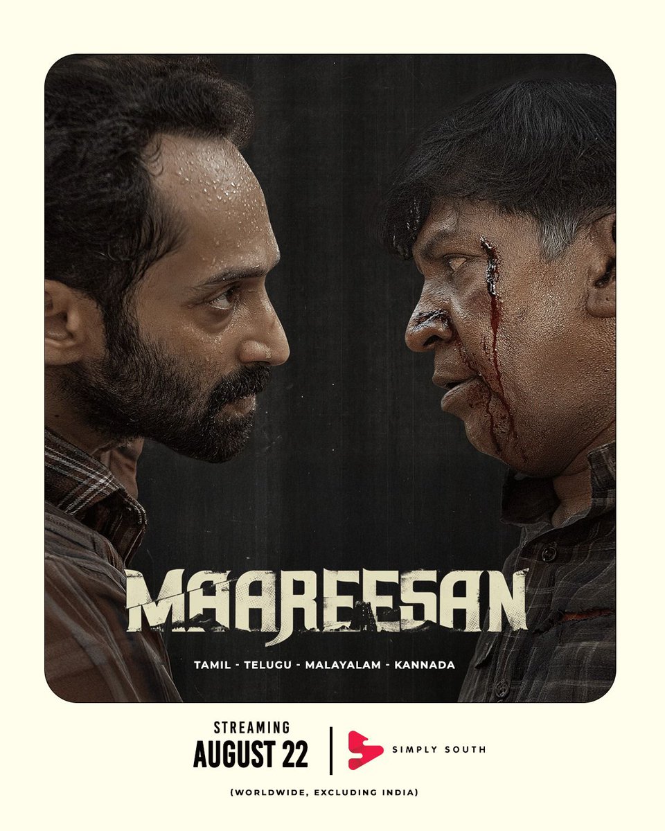 #Maareesan Premiering on NETFLIX &amp; SIMPLY SOUTH From August 22nd 📺