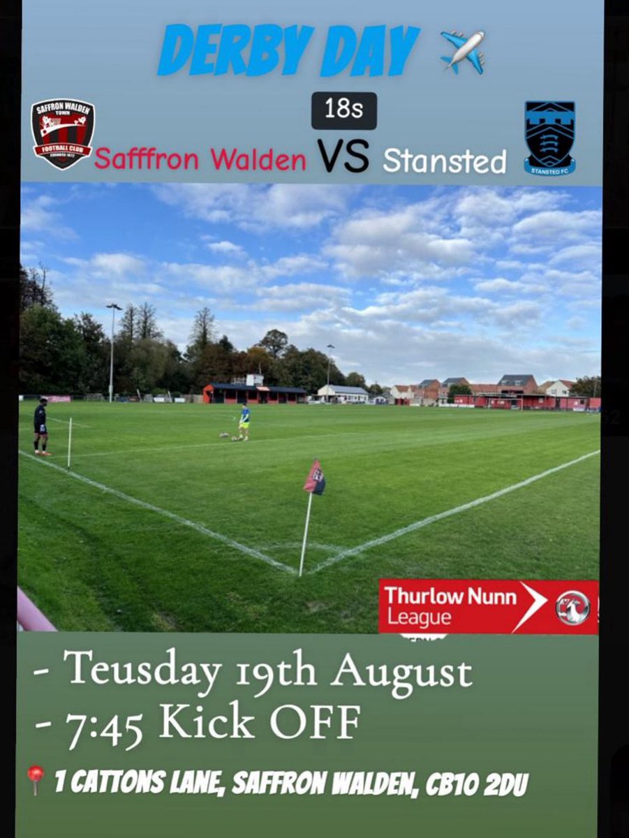 StanstedU18's tweet photo. The season opens with a derby!!! Get down to Catons Lane and support the boys as we embark on our second season in the @thurlownunnleague 🩸 v ✈️
#stanstedfc_u18s #stanstedfc #airportarmy🔵✈️ https://t.co/je6JjNb2aQ