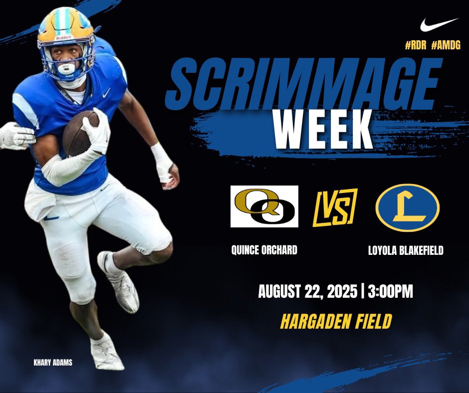 Loyola Blakefield Football (@touchdowndons) on Twitter photo Scrimmage week!
🆚 Quince Orchard
📆 Friday, August 22, 2025
⏰ Kick-Off 3:00pm
🏟️ Hargaden Field
📍 500 Chestnut Ave
<a href="/CoachRichHolzer/">Rich Holzer</a>
#RDR #AMDG Scrimmage week!
🆚 Quince Orchard
📆 Friday, August 22, 2025
⏰ Kick-Off 3:00pm
🏟️ Hargaden Field
📍 500 Chestnut Ave
<a href="/CoachRichHolzer/">Rich Holzer</a>
#RDR #AMDG
