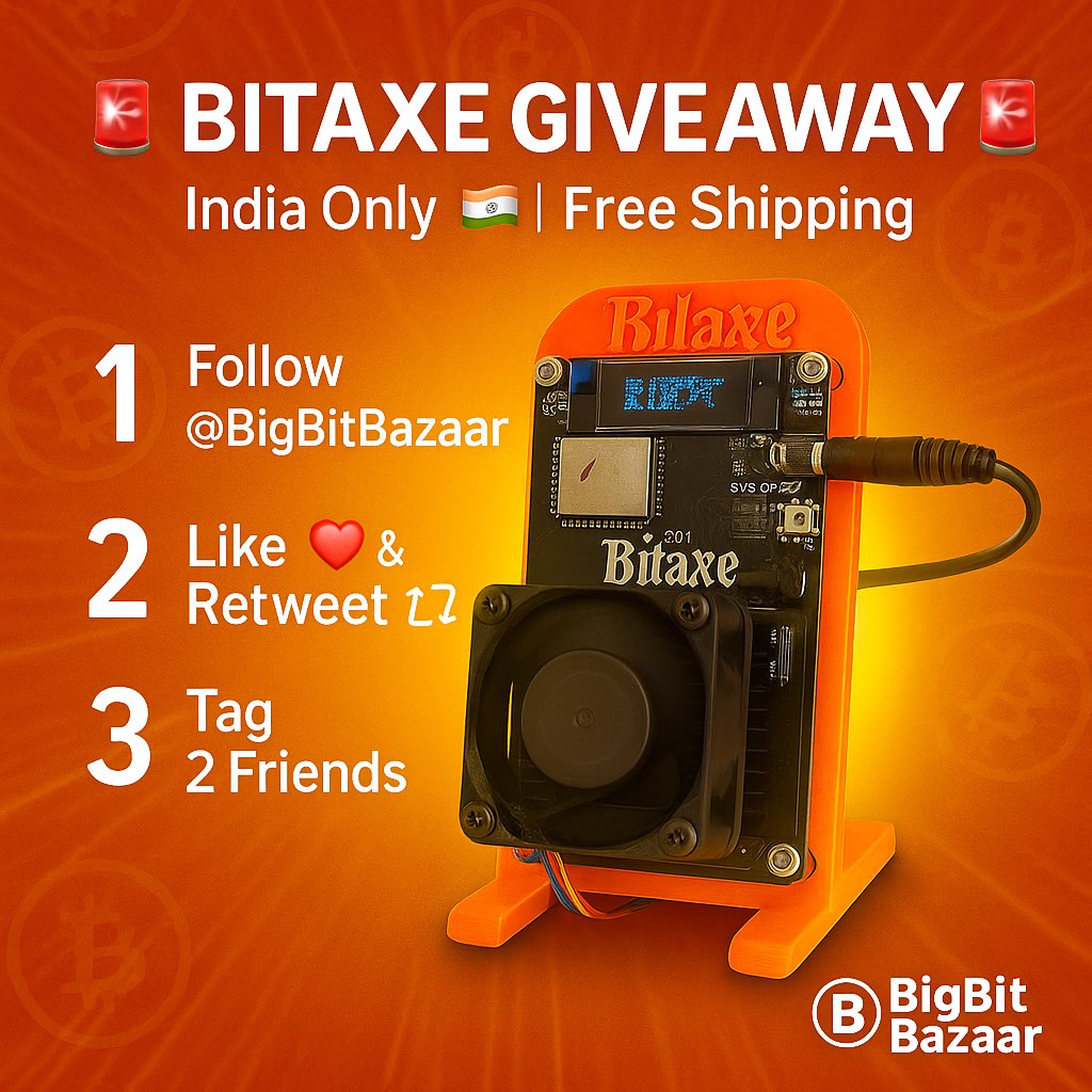 🚨 GIVEAWAY ALERT 🚨
We’re giving 1 lucky Bitcoiner a FREE Bitaxe Miner 🎁⚡

How to enter:
1️⃣ Like ❤️
2️⃣ Follow <a href="/BigBitBazaar/">BigBit Bazaar</a>
3️⃣ RT this post 🔁

Winner announced soon 👀
#Bitcoin #Giveaway #SoloMining