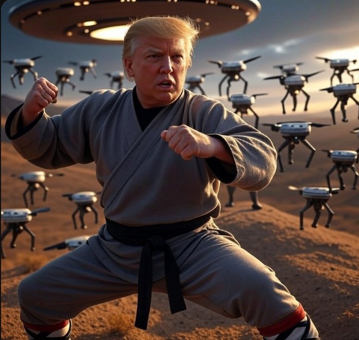 Apoteoz9508's tweet photo. When the alien π½ appears, only the true Shaolin π₯ with an army of $STC drones ππ can enforce order π₯πΈ.#ShaolinTrump #UFO #AlienEncounter #STC #CryptoArmy #MemeMagic #EpicBattle #MartialArts #SciFiVibes #DronePower #ViralMeme #PopCulture #TechMeetsFantasy #NFTCommunity #CryptoHumor