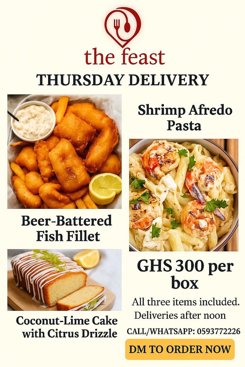 FeastGhana's tweet photo. 🐟✨ Seafood Special Week✨🐟

🍝 Seafood Alfredo Pasta
🍟 Beer-battered fish filet on cheesy loaded fries
🍰 Coconut-lime cake with citrus drizzle

All for just GHS 300 (Seafood Week special price).

🚚 Deliveries after noon, Thursday
☎️ 0593772226 https://t.co/Rso0ccsLQS
