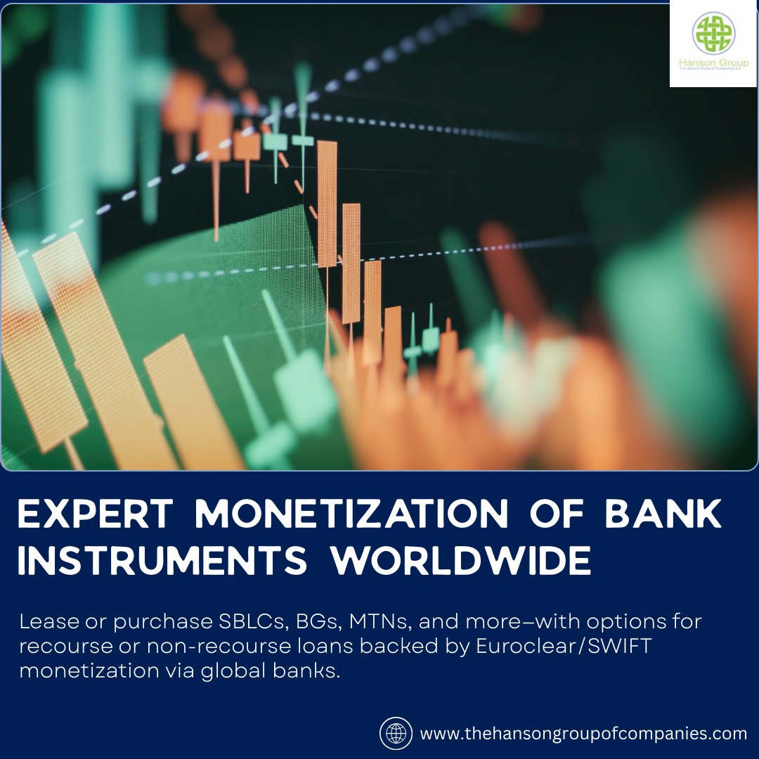 GroupHanson's tweet photo. Partner with trusted experts in global financial solutions. We specialize in monetizing top-tier bank instruments such as SBLCs, BGs, and MTNs, providing secure leasing, purchase, and recourse or non-recourse loan.
#financialsolutions #bankinstruments #sblc #bg #mtn https://t.co/Cm5o7rOJRd