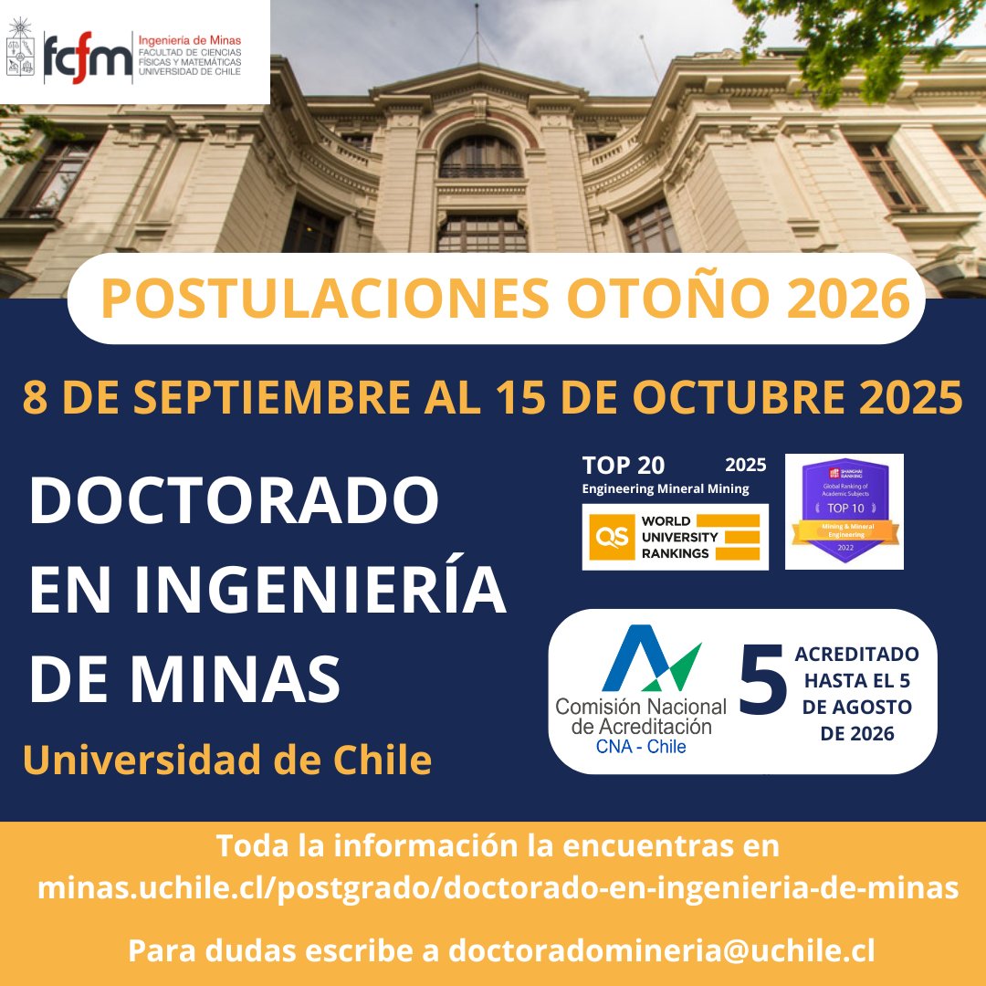 ¡Atención comunidad DIMin! 

Postula al Doctorado en Ingeniería de Minas de la Universidad de Chile, impartido por el reconocido Departamento de Ingeniería de Minas.