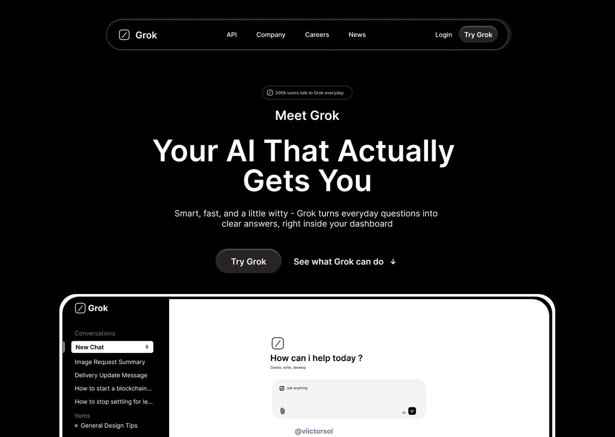 ViictorSol's tweet image. Day 4/30 – Daily UI Redesign  

Took on Grok’s Hero Section today   

Too plain!  thoughts?

#DailyUI #UIDesign #30DaysOfDesign