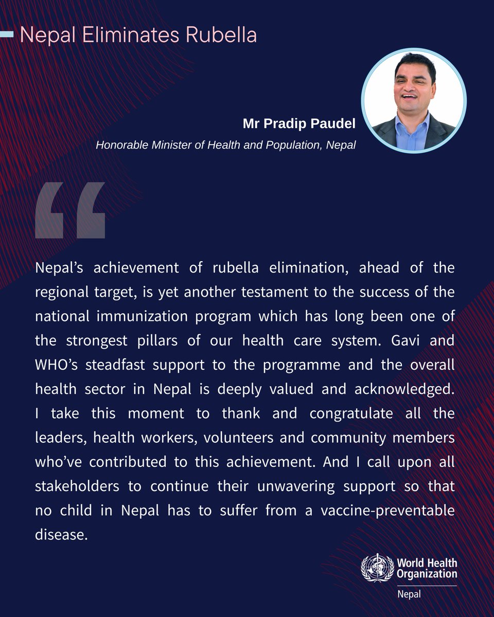 WHO Nepal (@whonepal) on Twitter photo 🗨️ A message from Honourable Minister of Health and Population Mr Pradip Paudel recognizing the national #immunization program & vital support from @Gavi, <a href="/WHO/">World Health Organization (WHO)</a> & health workers in achieving #rubella elimination as a public health problem in #Nepal 🇳🇵 ahead of the regional target. 🗨️ A message from Honourable Minister of Health and Population Mr Pradip Paudel recognizing the national #immunization program & vital support from @Gavi, <a href="/WHO/">World Health Organization (WHO)</a> & health workers in achieving #rubella elimination as a public health problem in #Nepal 🇳🇵 ahead of the regional target.
