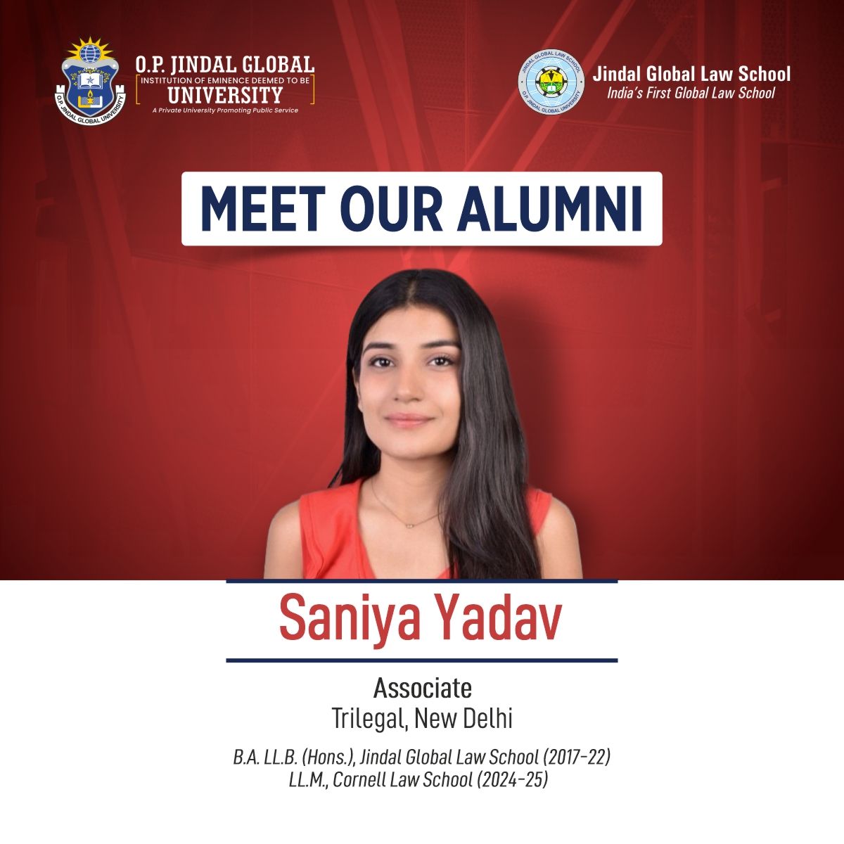 We are happy to introduce Ms. Saniya Yadav!

Ms. Saniya is a 2022 Law graduate of Jindal Global Law School (JGLS). Later on she pursued her LL.M. from Cornell Law School. 

Ms. Saniya is currently working as an Associate in the Projects and Infrastructure Team at Trilegal.
