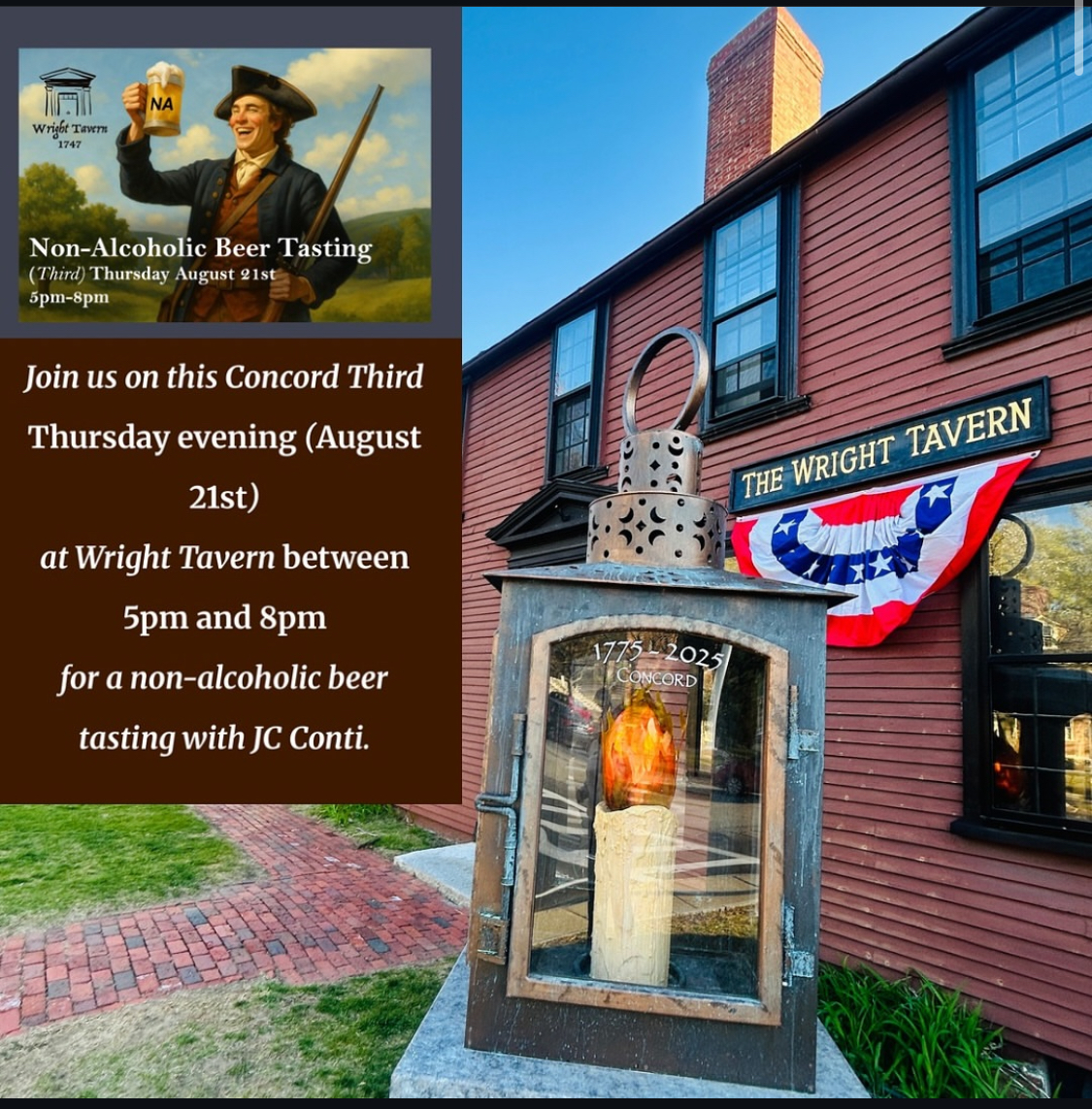 FreedomsWayNHA's tweet photo. 🍻 @concord250maThis Thursday! Tour Concord’s historic Wright Tavern & taste 8 non-alc beers from Athletic, Guinness, Sam Adams & more. $5 incl. shot glass! #concord250 #thirdthursday https://t.co/H6tsSaKgDc
