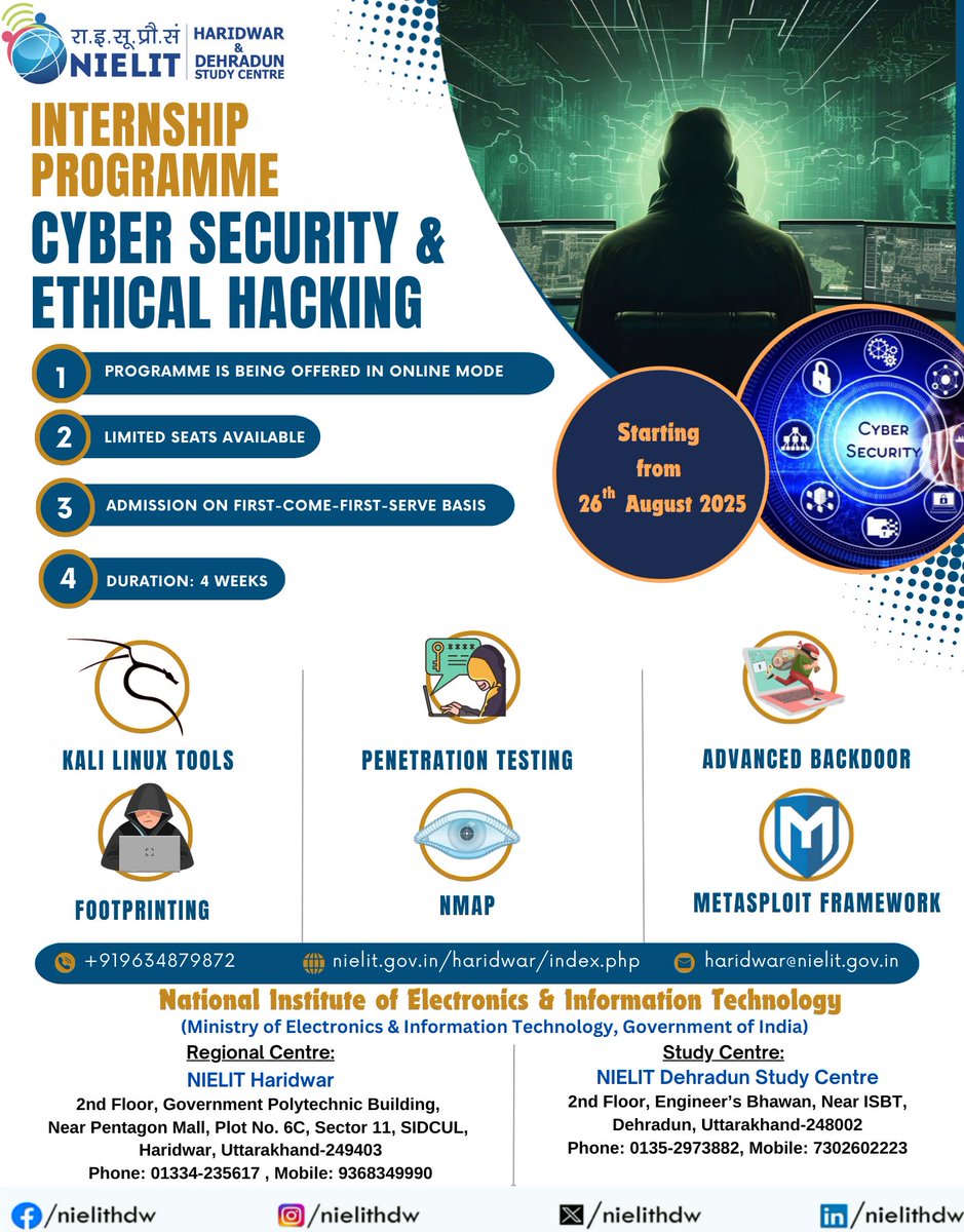 nielithdw's tweet photo. NIELIT Haridwar invites applications for 4 Weeks Online Training on “Cyber Security &amp; Ethical Hacking”.
For more details visit:
https://t.co/fqPmOioJ6Z https://t.co/zC56w958ax