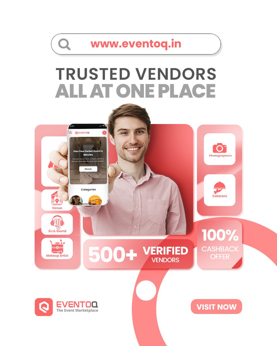 eventoqofficial's tweet image. Celebrations are supposed to be stress-free. Find 500+ verified vendors, all at one place. Only on EventoQ. Book today &amp;amp; enjoy 100% cashback offers! 
Visit eventoq.in and start celebrating stress-free.

#eventplanning #eventbooking #eventoq