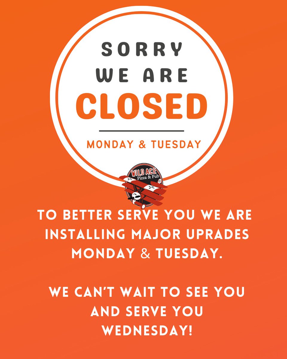 thewildace's tweet photo. To better serve you, we are installing major upgrades Monday and Tuesday and will be closed to the pubic.

We can't wait to see you and serve you Wednesday!! https://t.co/icRuFVomT8