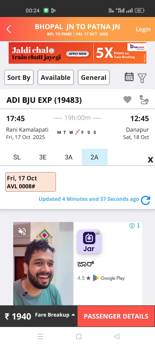 SomyaShriyukta's tweet photo. ADI–BJU Exp (19483) for 17 Oct 2025, Indian Railway train booking was to open at 8 am today. Shockingly, app showed only 8 seats last night.

How do thousands of seats vanish before booking? Who’s responsible?
@narendramodi @AshwiniVaishnaw @PMOIndia @RailMinIndia @IRCTCofficial https://t.co/lSti54EOjD