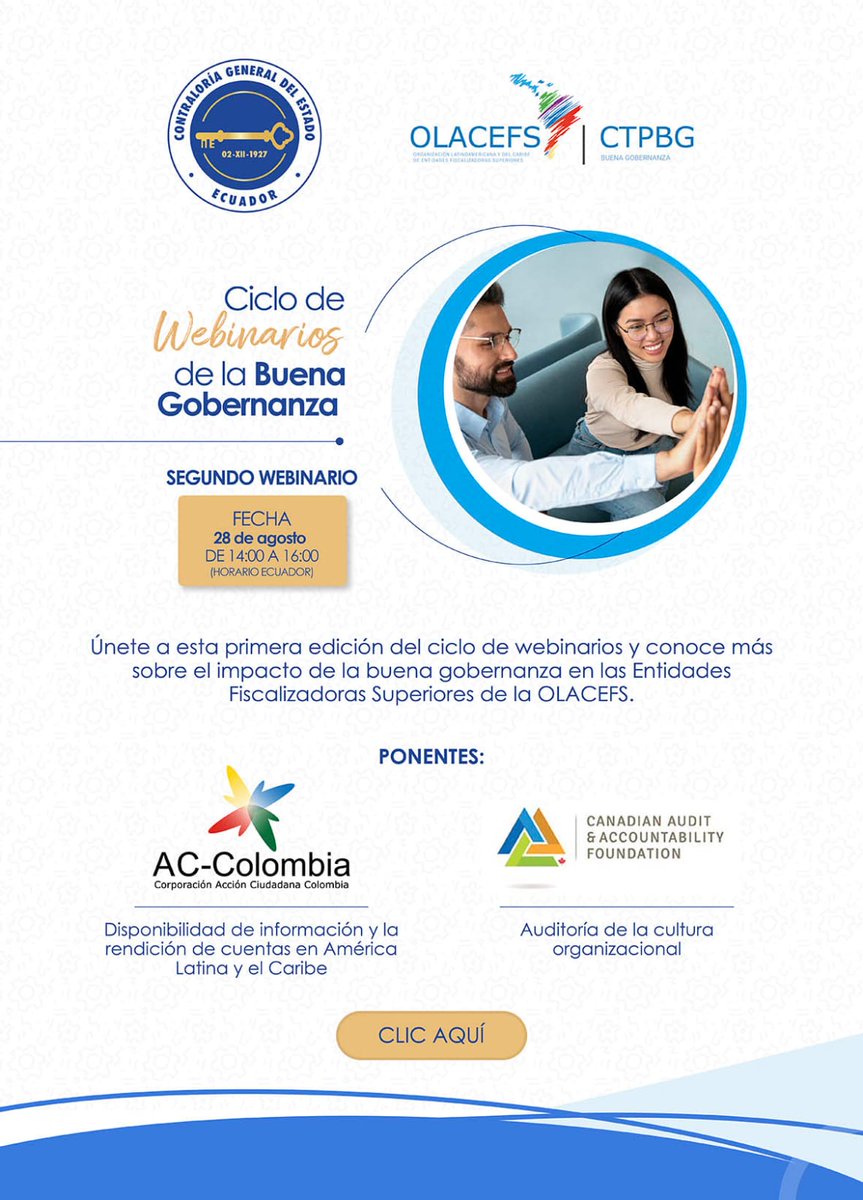 La CTPBG de la OLACEFS invita al segundo Webinario de la Buena Gobernanza a realizarse el 28 de agosto de 2025 a las 14h00 hora Ecuador.

Realiza tu inscripción en el siguiente enlace:  

shorturl.at/ltQVY

#OLACEFS
#Webinario
#CTPBG