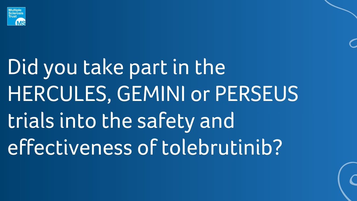 MSTrust's tweet image. Did you take part in the HERCULES, GEMINI or PERSEUS trials into the safety and effectiveness of tolebrutinib? If so, our team would be delighted to hear from you.

Please contact our Head of Research and Engagement at resources@mstrust.org.uk