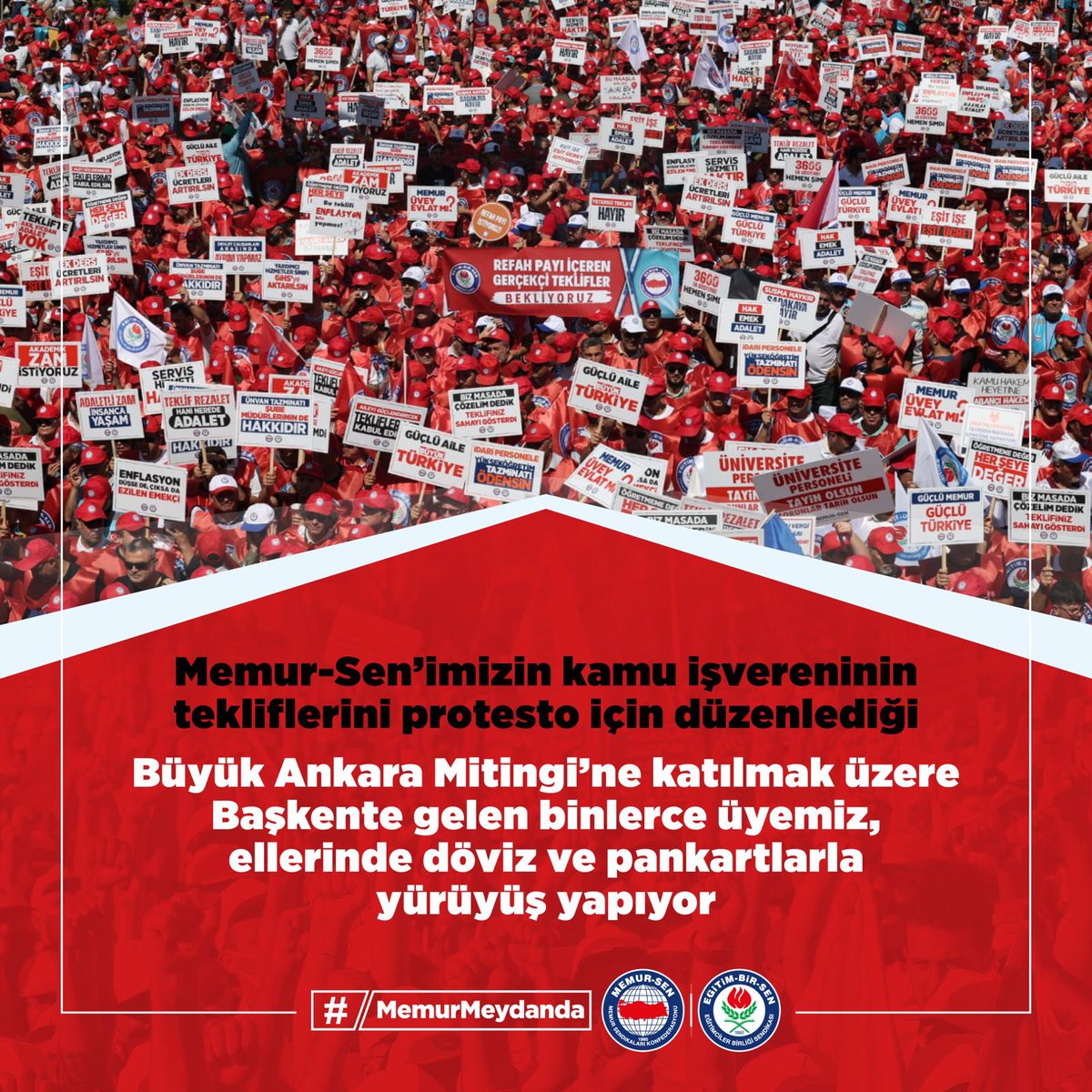 Memur-Sen’imizin kamu işvereninin tekliflerini protesto için düzenlediği Büyük Ankara Mitingi’ne katılmak üzere Başkente gelen binlerce üyemiz, ellerinde döviz ve pankartlarla yürüyüş yapıyor.
#MemurMeydanda