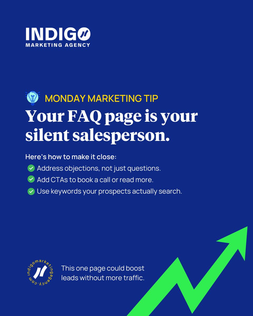 💡 Monday Marketing Tip 💡

 Your FAQ page is your silent salesperson.

Here’s how to make it close:
 • Address objections, not just questions.
 • Add CTAs to book a call or read more.
 • Use keywords your prospects actually search.