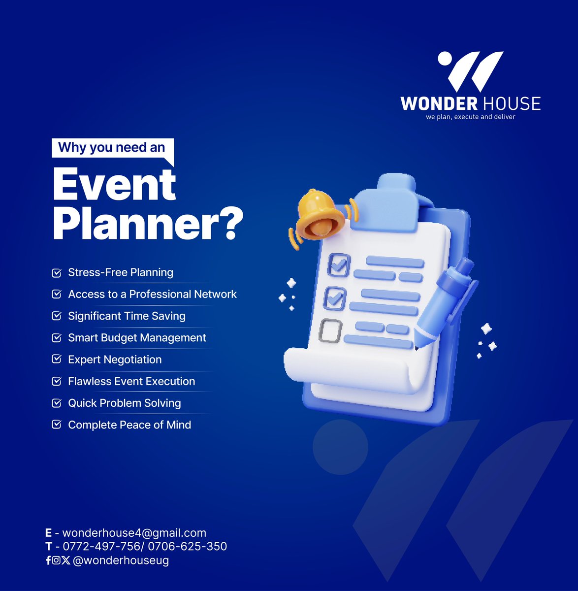 Planning your dream wedding or any special Event? Don’t forget the most essential ingredient, a professional EVENT PLANNER!!

Here are some of the reasons why their expertise is vital👇🏽

☎️ +256 706 625 350 | 772 497 756 to secure the best planner for your Big Day..

#WonderHouse