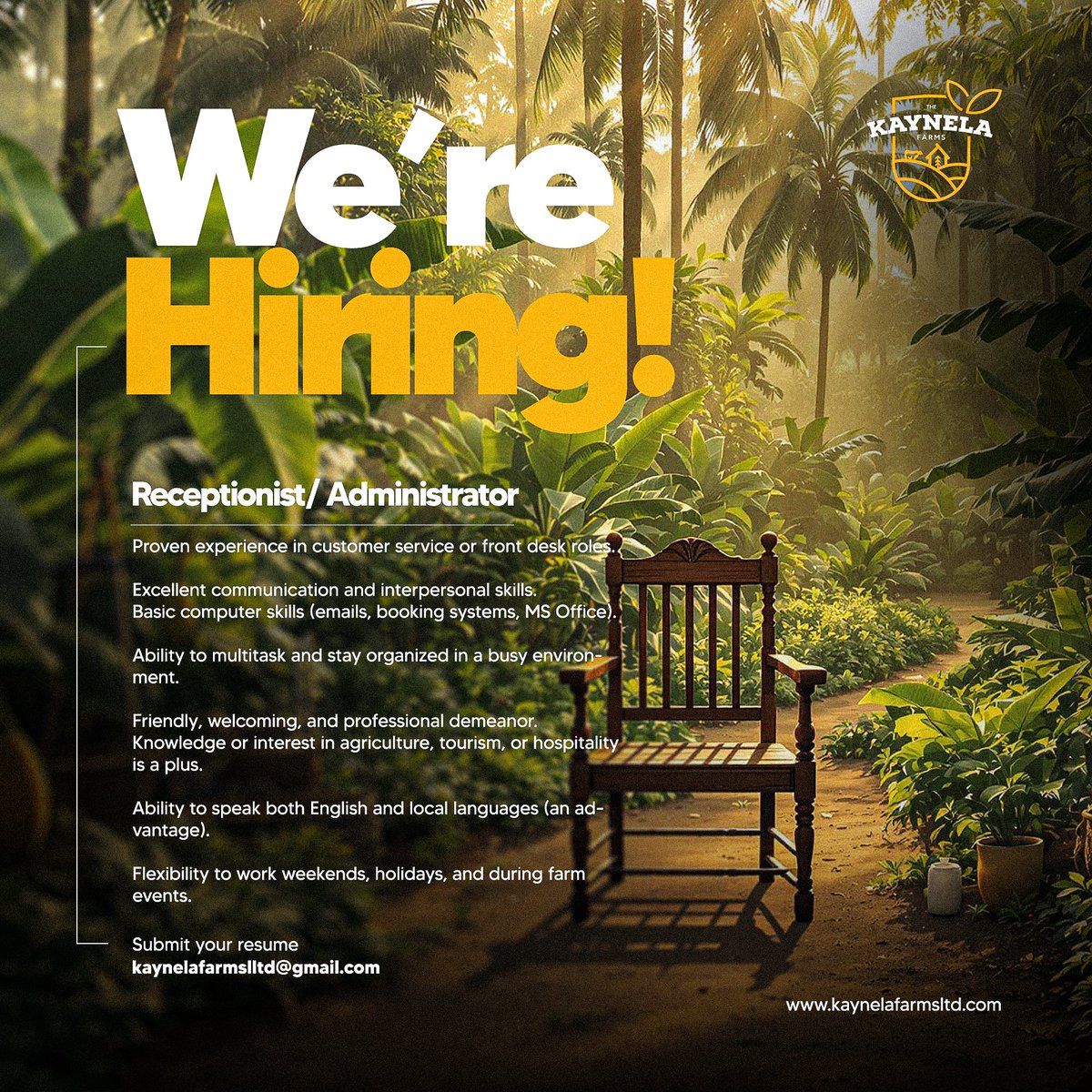 Kaynela Farms Ltd (@kaynelafarmsltd) on Twitter photo We're hiring a Receptionist/Administrator.
Join our team with excellent communication skills, basic computer knowledge, and a passion for agriculture or tourism. Flexibility is a must!
Submit your resume to kaynelafarmsltd@gmail.com.
#Hiring #Jobs #Agriculture #Tourism We're hiring a Receptionist/Administrator.
Join our team with excellent communication skills, basic computer knowledge, and a passion for agriculture or tourism. Flexibility is a must!
Submit your resume to kaynelafarmsltd@gmail.com.
#Hiring #Jobs #Agriculture #Tourism