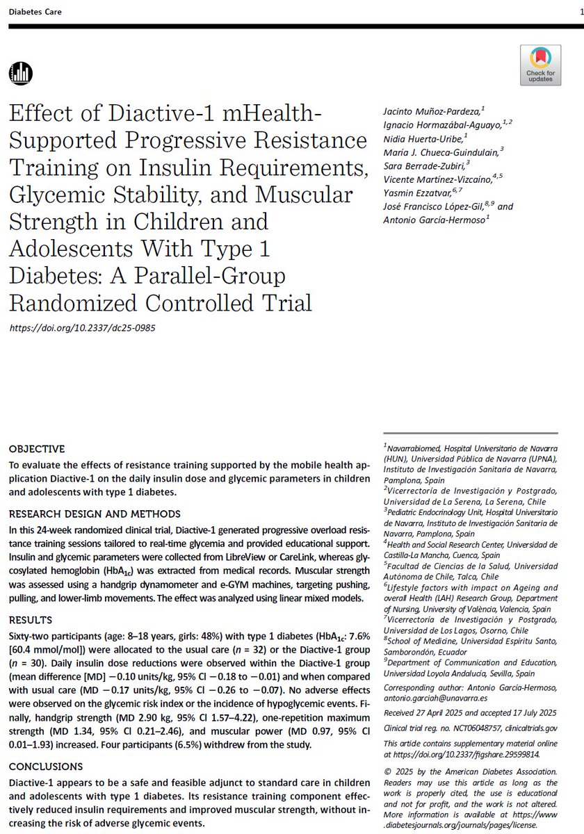 Jacinto_MP_'s tweet image. 📢The main findings of my #thesis project are now available (PI: @a_garciahermoso )❗️
#Resistancetraining tailored to #youths with #type1diabetes and delivered with the Diactive-1 app:
💉Lower insulin requirements
🏋️‍♂️Increased strength
📉No glycemic risk
📜doi.org/10.2337/dc25-0…