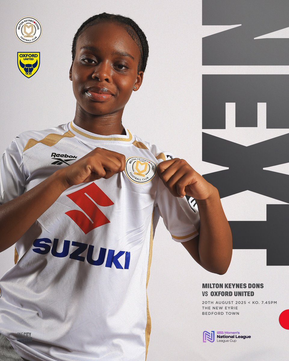 Get behind #MKDonsWomen in the FA Women's National League Cup this week! ⚪

🆚 <a href="/OfficialOUWFC/">Oxford United Women</a> 
📆 Wednesday, 20th August - 7:45pm
🏟️ The New Eyrie, Bedford
🏆 FA Women's National League Cup 

🎫 Adults £8 | O65/U18 £4 | U12 £2
🎟️ eticketing.co.uk/mkdons - or on the gate!
🚗