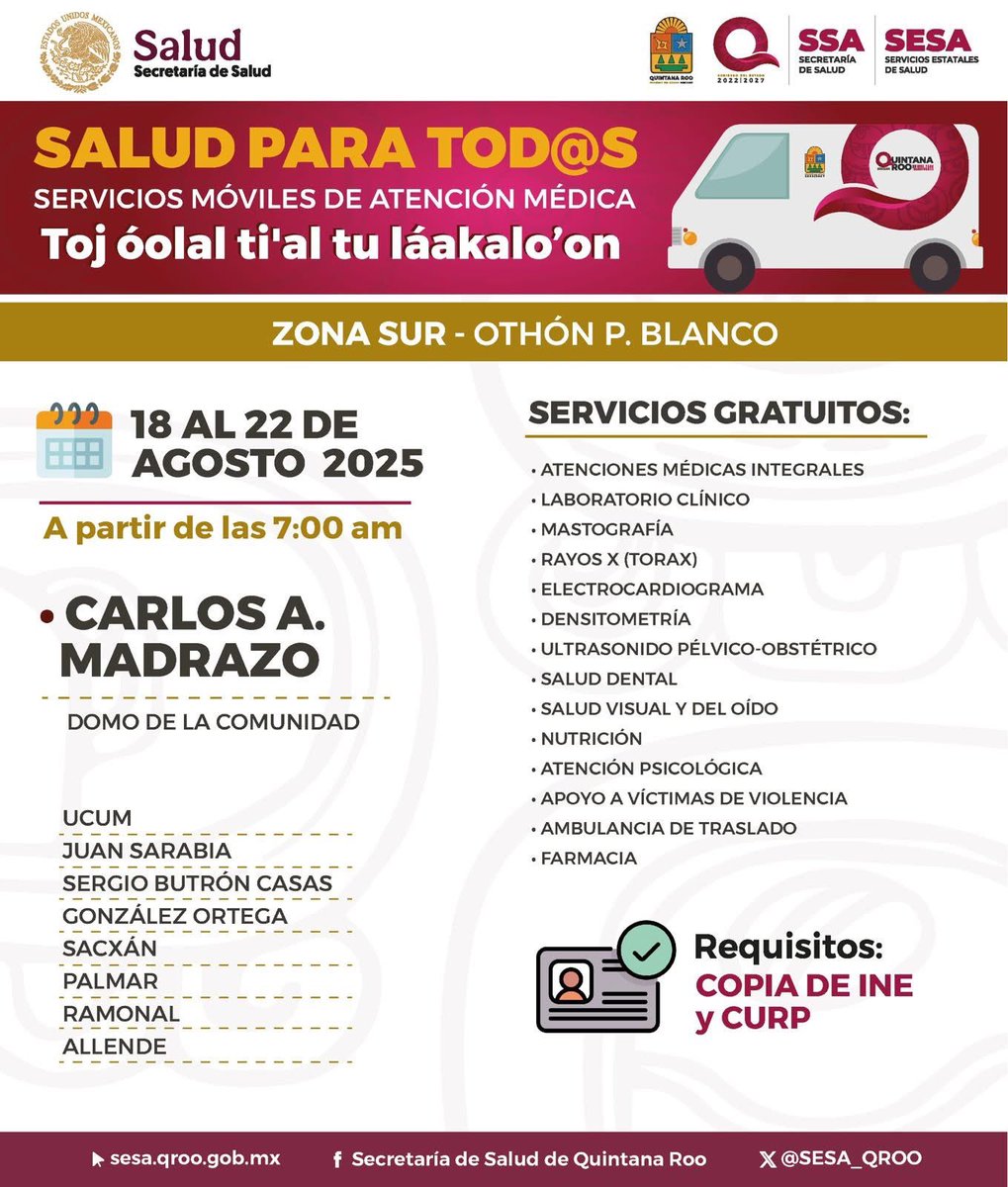MaraLezama's tweet photo. 🚑🩺 Quintanarroenses, las caravanas móviles “Salud para Tod@s” llegan esta semana, del 18 al 22 de agosto, a tu comunidad con servicios médicos para toda la familia.

📍Othón P. Blanco 
📍Benito Juárez 
📍Felipe Carrillo Puerto

Ofrecerán servicios médicos gratuitos, desde consultas, medicamentos 💊, radiografías 🩻, ultrasonidos, análisis clínicos 🔬, hasta apoyo a víctimas de violencia, atención psicológica y mucho más. 

#UnidosParaTransformar