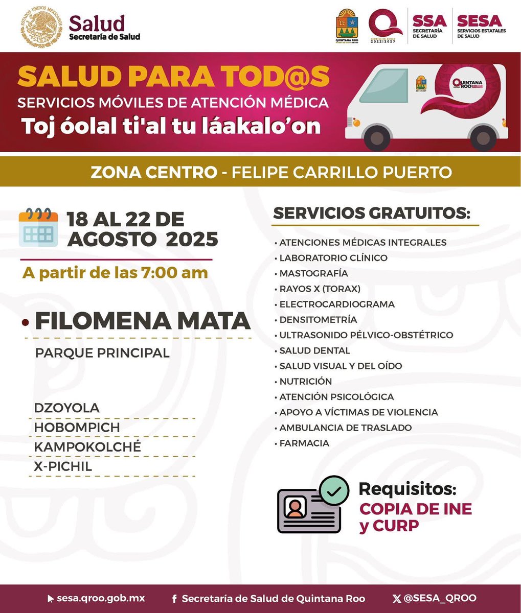 MaraLezama's tweet photo. 🚑🩺 Quintanarroenses, las caravanas móviles “Salud para Tod@s” llegan esta semana, del 18 al 22 de agosto, a tu comunidad con servicios médicos para toda la familia.

📍Othón P. Blanco 
📍Benito Juárez 
📍Felipe Carrillo Puerto

Ofrecerán servicios médicos gratuitos, desde consultas, medicamentos 💊, radiografías 🩻, ultrasonidos, análisis clínicos 🔬, hasta apoyo a víctimas de violencia, atención psicológica y mucho más. 

#UnidosParaTransformar