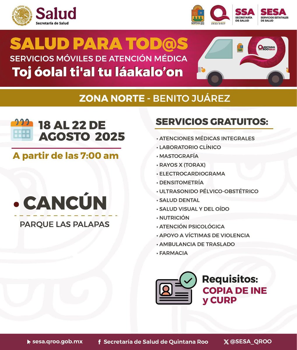 MaraLezama's tweet photo. 🚑🩺 Quintanarroenses, las caravanas móviles “Salud para Tod@s” llegan esta semana, del 18 al 22 de agosto, a tu comunidad con servicios médicos para toda la familia.

📍Othón P. Blanco 
📍Benito Juárez 
📍Felipe Carrillo Puerto

Ofrecerán servicios médicos gratuitos, desde consultas, medicamentos 💊, radiografías 🩻, ultrasonidos, análisis clínicos 🔬, hasta apoyo a víctimas de violencia, atención psicológica y mucho más. 

#UnidosParaTransformar