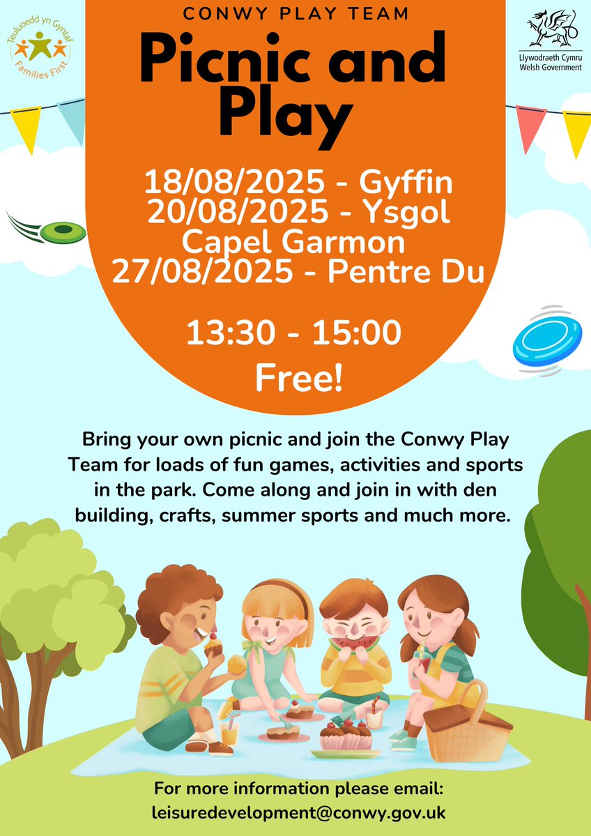 Ffit Conwy Leisure Development (@ffitleisuredev) on Twitter photo Be sure to check out the last of our family events for this Summer. Come along for plenty of fun and games in the park.
For any further information please contact leisuredevlopment@conwy.gov.uk Be sure to check out the last of our family events for this Summer. Come along for plenty of fun and games in the park.
For any further information please contact leisuredevlopment@conwy.gov.uk