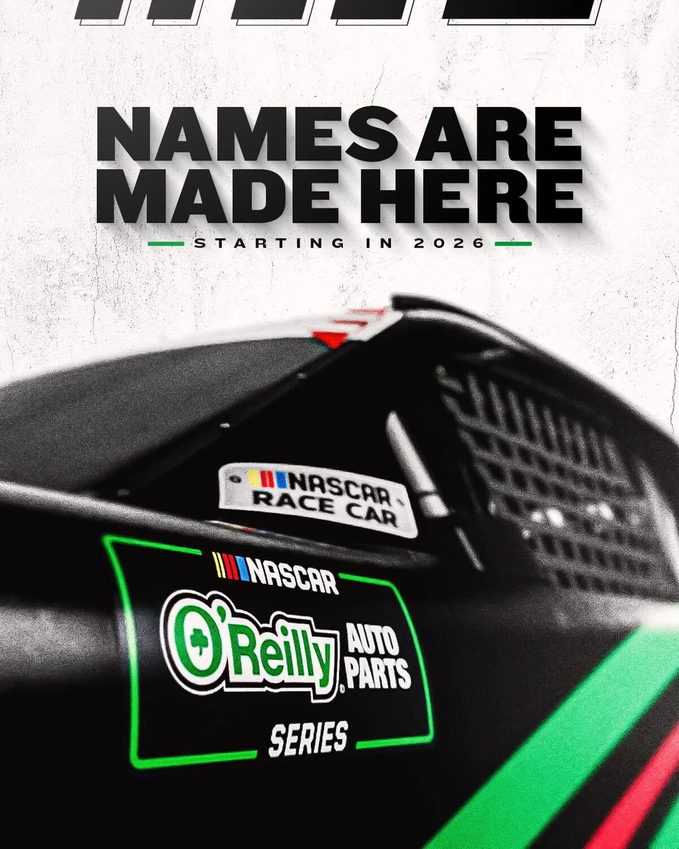 A graphic promoting the NASCAR O'Reilly Auto Parts Series starting in 2026. The graphic features a close-up of a black race car with the new series badge. 