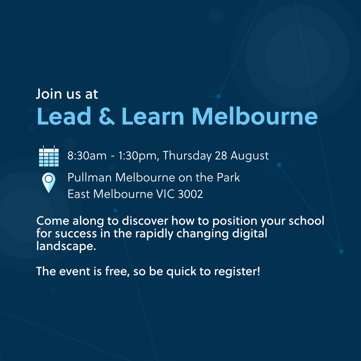 You're invited!  Lead &amp; Learn -  Melbourne, Thursday 28 August at the Pullman Melbourne on the Park. Come join us to talk about the future of school technology! veracross.com/resources/lead…