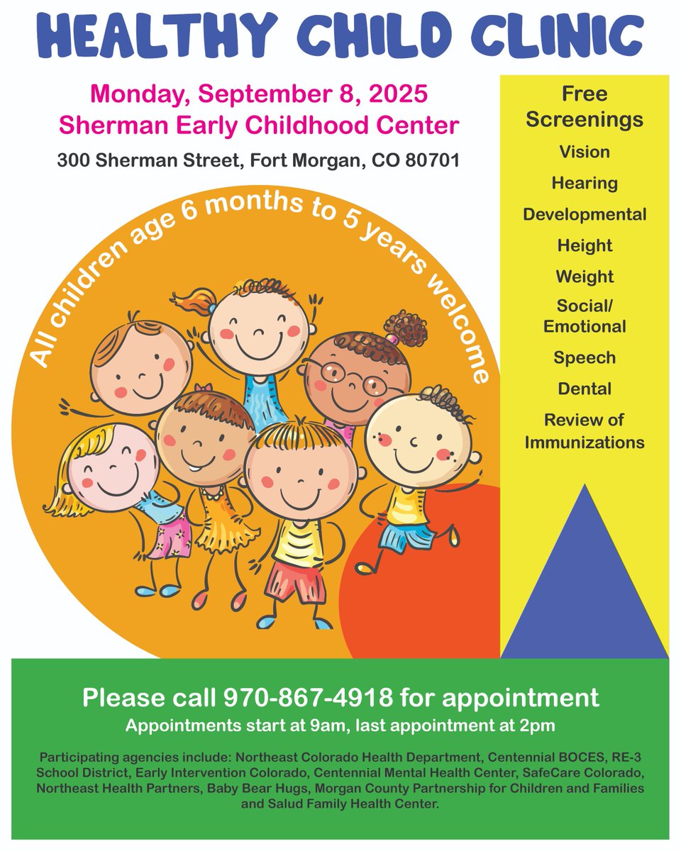 NortheastHealth's tweet photo. NCHD is hosting a Healthy Child Clinic in Fort Morgan on Monday, September 8, 2025, from 9 AM–3 PM at Sherman Early Childhood Center, 300 Sherman Street. Children ages 6 months to 5 years are welcome to attend. Make an appointment today! Call 970-867-4918 https://t.co/a8f5QTnX9i