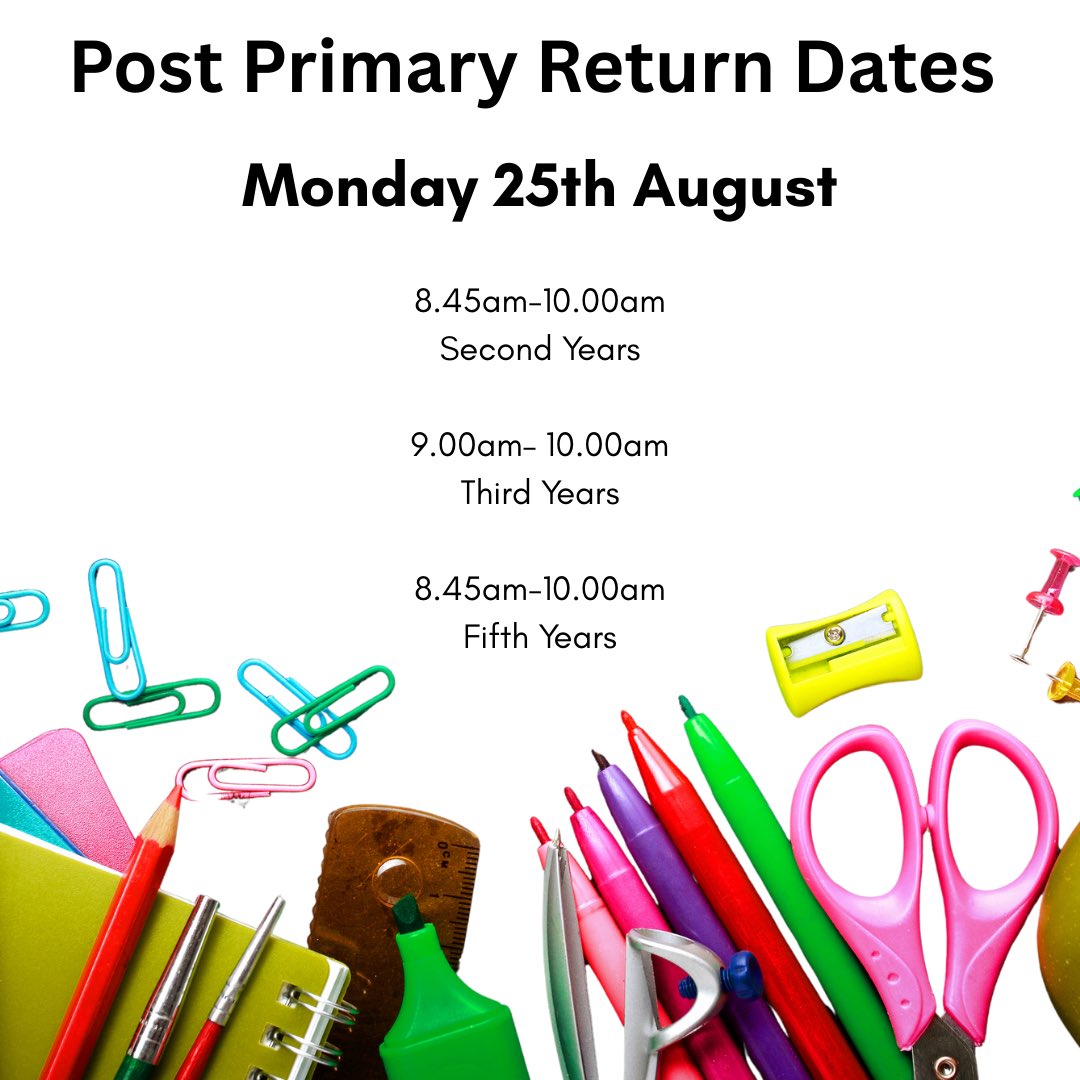 Return dates for Post Primary students 📚✏️ #backtoschool #Teamddletb