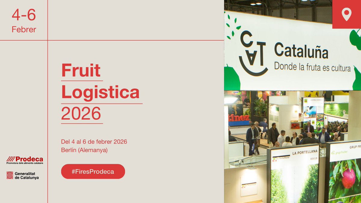 Prodeca (@prodecat) on Twitter photo ‼️ Últims dies per inscriure’t a #FruitLogistica 2026!
📅 4-6 febrer | 📌 Berlín
🤝 Connecta amb compradors, distribuïdors i prescriptors internacionals del sector hortofructícola.
🔗 Inscriu-te ara: tuit.cat/cQqPl
#FiresProdeca #Internacionalització #Prodeca ‼️ Últims dies per inscriure’t a #FruitLogistica 2026!
📅 4-6 febrer | 📌 Berlín
🤝 Connecta amb compradors, distribuïdors i prescriptors internacionals del sector hortofructícola.
🔗 Inscriu-te ara: tuit.cat/cQqPl
#FiresProdeca #Internacionalització #Prodeca