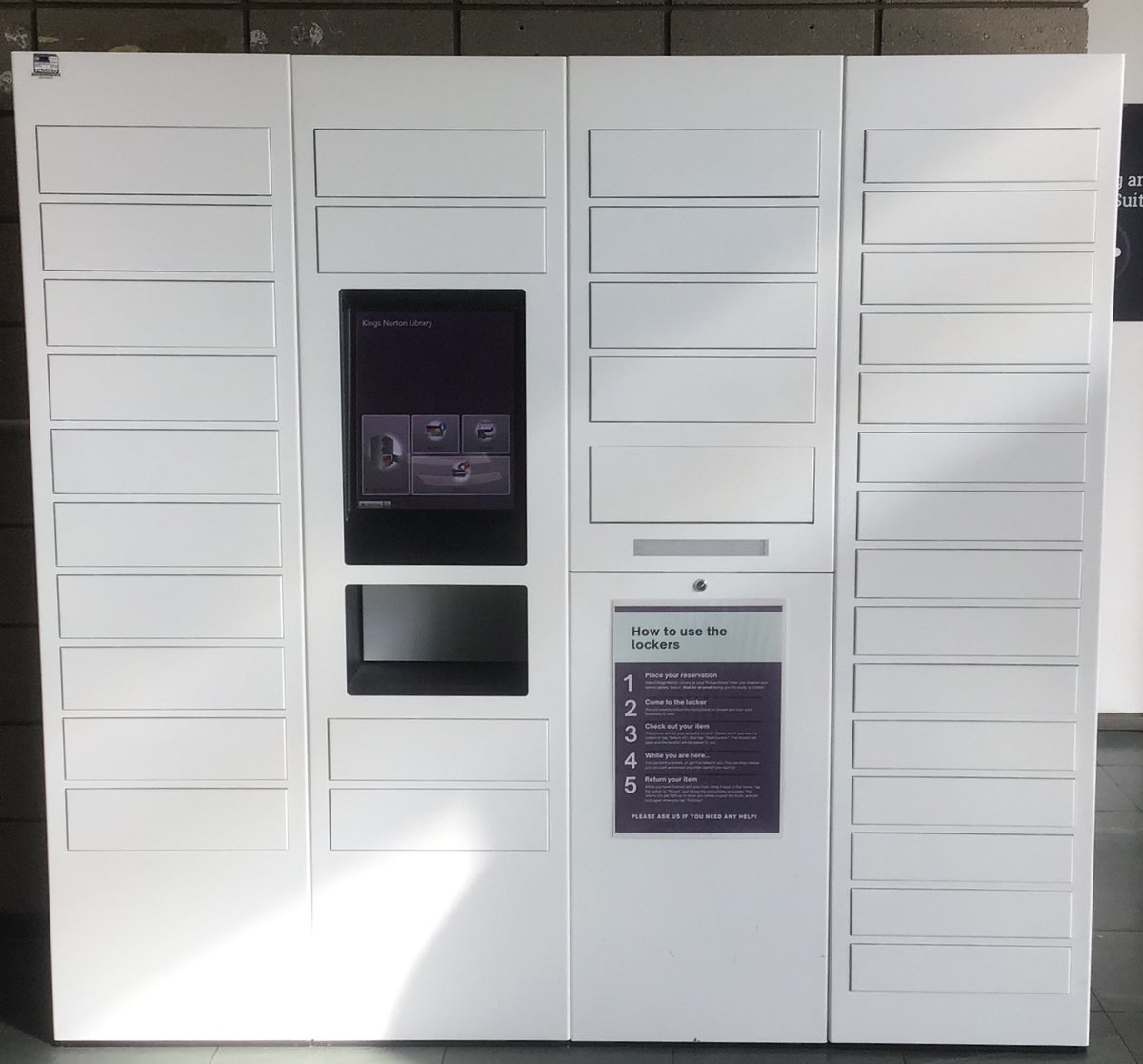We have shiny new lockers in the entrance of Kings Norton Library so you can collect your book reservations.  There's no need to walk up the stairs anymore! Follow the instructions on the front of the machine or ask a member of staff for help. More info: blogs.cranfield.ac.uk/library/collec…
