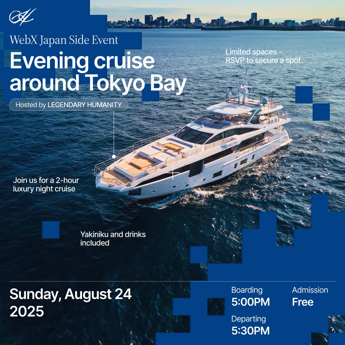 WebX Japan (Aug 25–26) is next week, and we’re offering two invites to an evening luxury cruise side event hosted by <a href="/lh_vivi_/">VIVI PROJECT(LEGENDARY HUMANITY)</a> 🛳✨

Two hours on Tokyo Bay with an open bar and yakiniku on deck.

Details and RSVP at the end of this thread ▼
