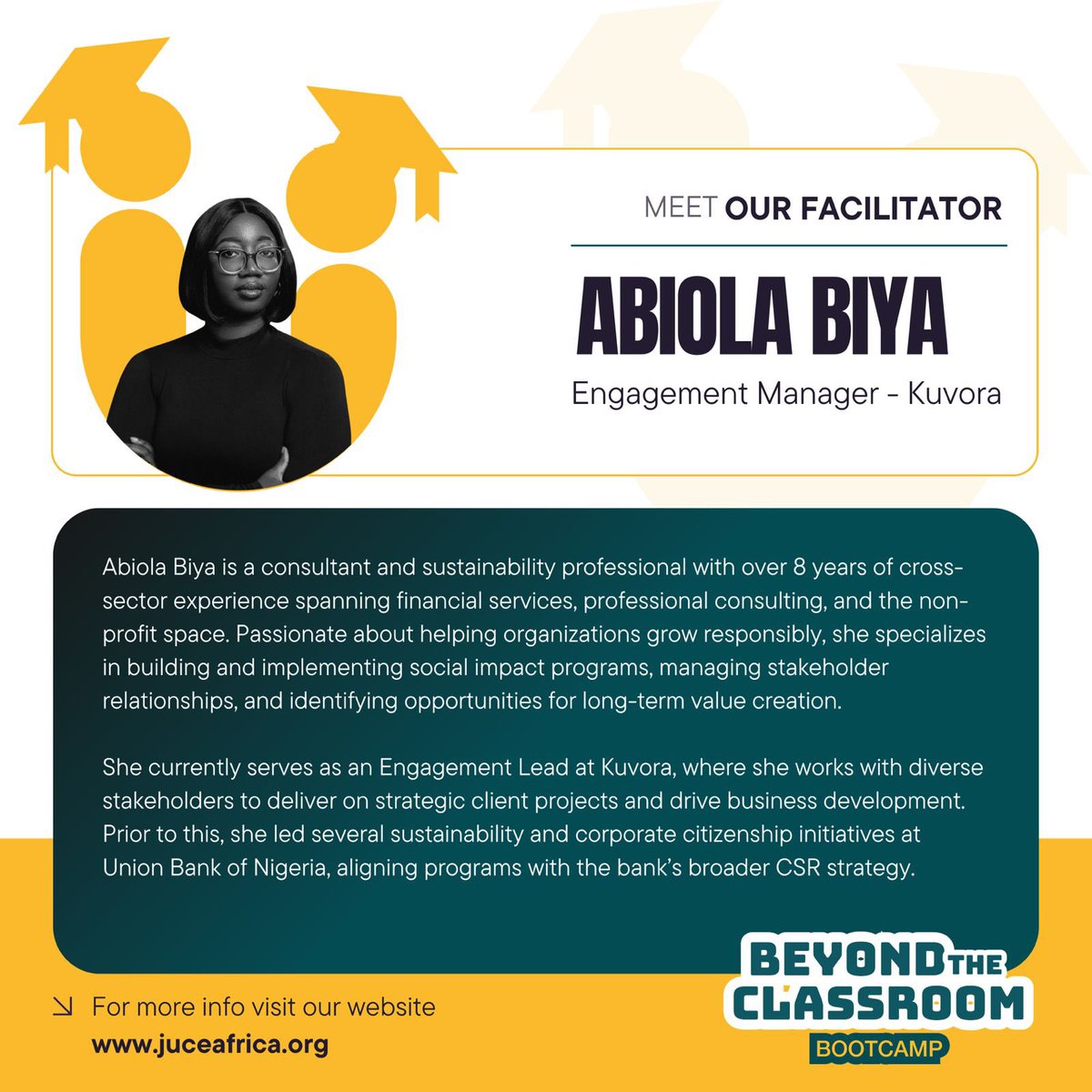 We are excited to have the incredible and resourceful Abiola Biya as a facilitator at the upcoming JuCE Africa Bootcamp! 

Over the course of 3 hours, through team games and puzzles, Abiola will introduce the selected students to the world of leadership and team work.