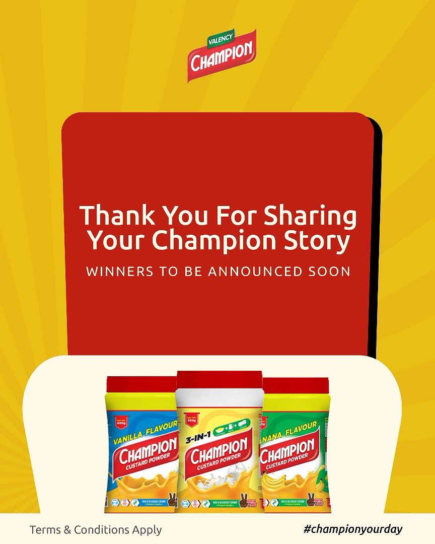 “Thank you for sharing your Champion story 🏆💛 The entries are now officially closed! We’ve been inspired by your creativity, passion, and sweet custard moments. Stay tuned—winners will be announced soon! ✨ #ChampionCustard #ChampionStory #SweetMoments”