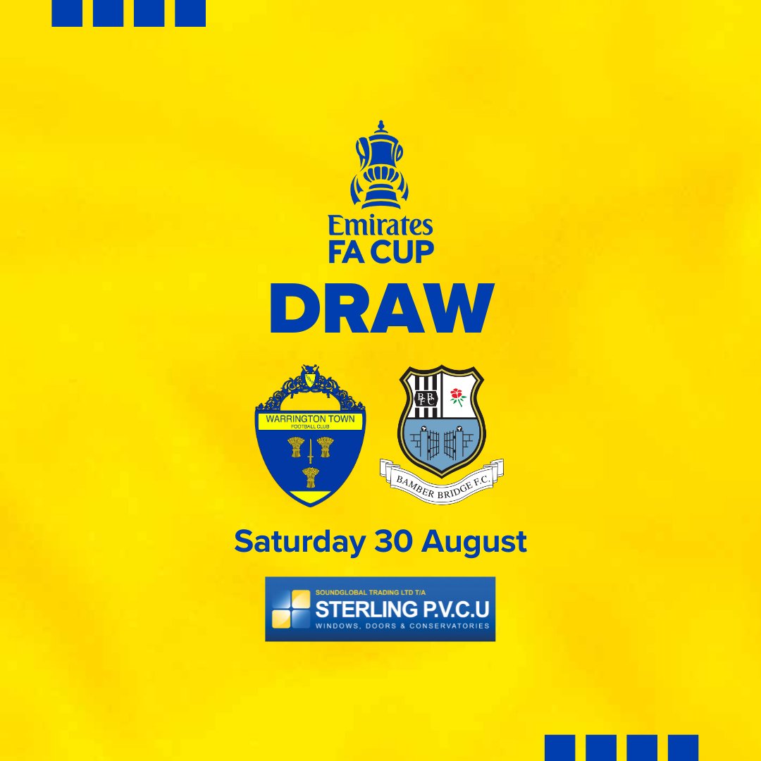 Warrington Town FC (@theyellows) on Twitter photo 🏆 Warrington Town have been drawn at home to <a href="/BamberBridgeFC/">Bamber Bridge FC</a> in FA Cup first round qualifying.
Ties will be played on Saturday 30 August. 🏆 Warrington Town have been drawn at home to <a href="/BamberBridgeFC/">Bamber Bridge FC</a> in FA Cup first round qualifying.
Ties will be played on Saturday 30 August.