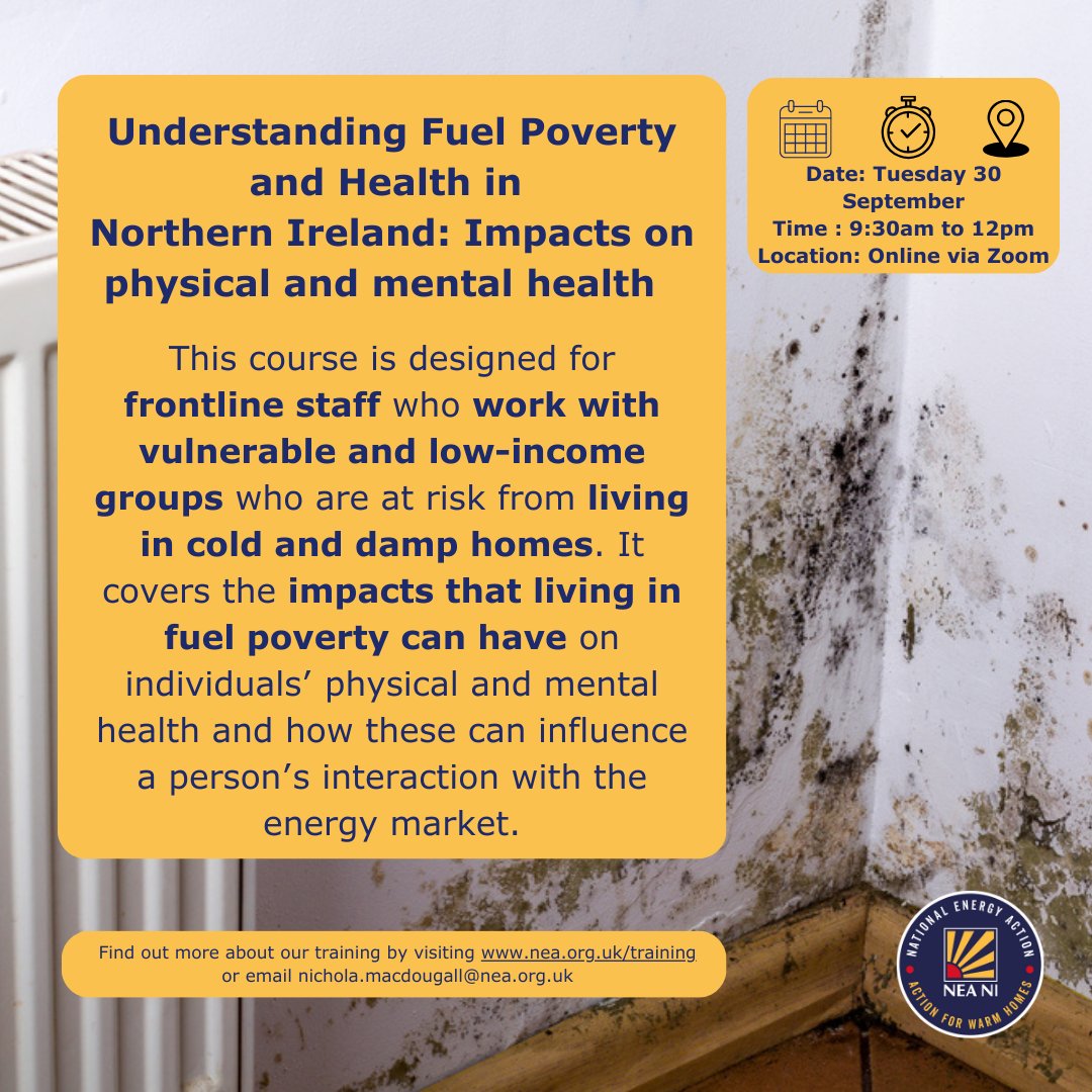 Book now for our Understanding Fuel Poverty and Health webinar on Tuesday 30 September at 9.30am. Some fully funded places for non-commercial organisations available. 
Contact nichola.macdougall@nea.org.uk for more information.
#Training #FuelPoverty #Health #MentalHealth